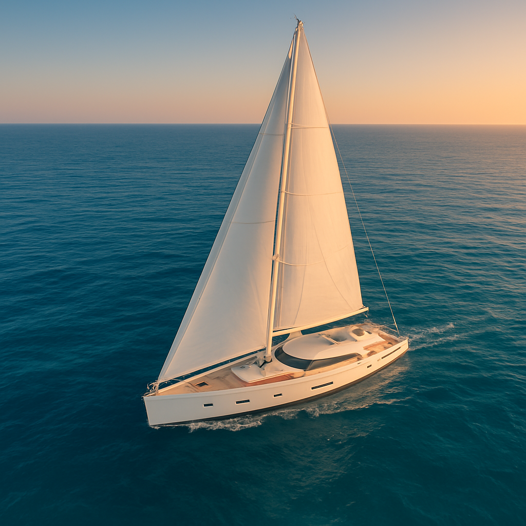 A white sailing yacht gliding across turquoise Mediterranean water at golden hour